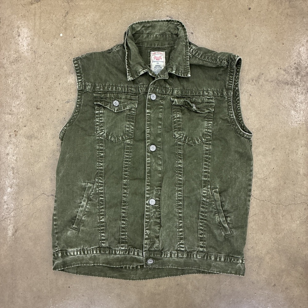 Vtg Escapism Green Denim Vest 100% Cotton Mens XXL Distressed Jean Size 3XL